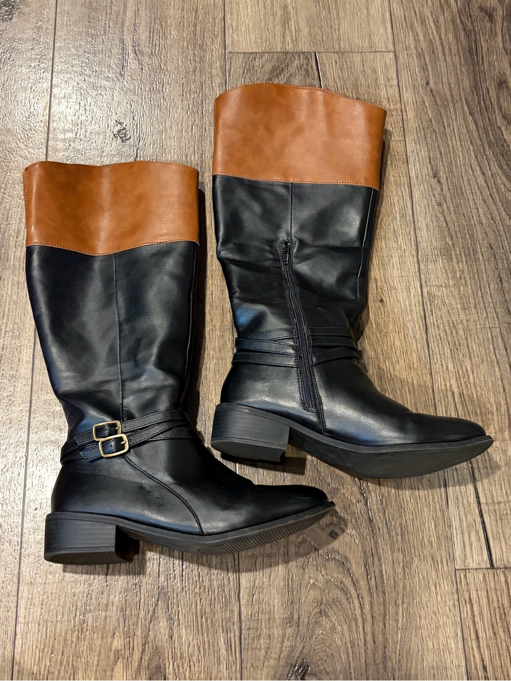 True Craft Black Cognac Calf High Faux Leather Women’s 8 Wide Riding Boots